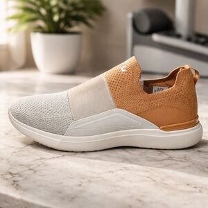 APL Men's White and Tan Luxury Slip-On Sneakers. Size 10.5